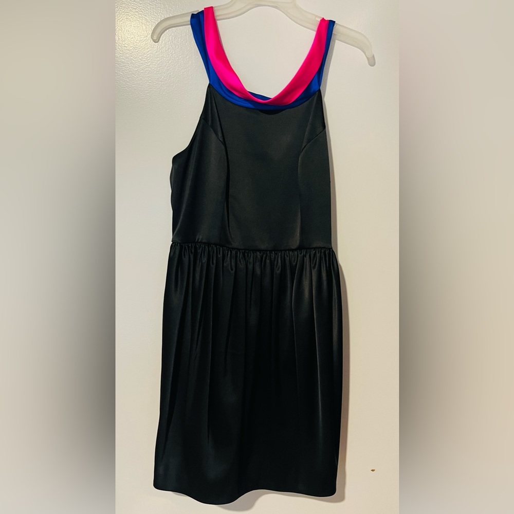 Black satin dress with pink and blue accents and detailed back